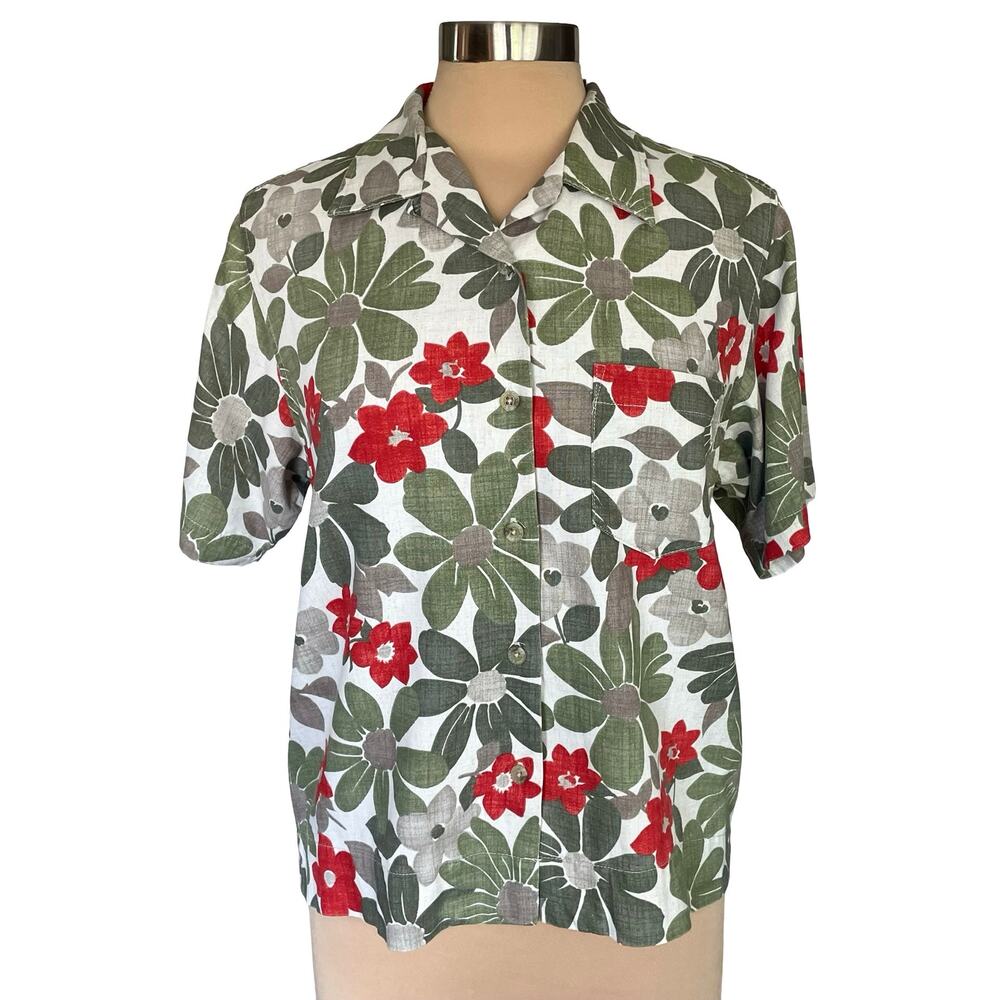 Columbia Linen Blend Green Red Floral Camp Shirt Button Down MED Casual Summer